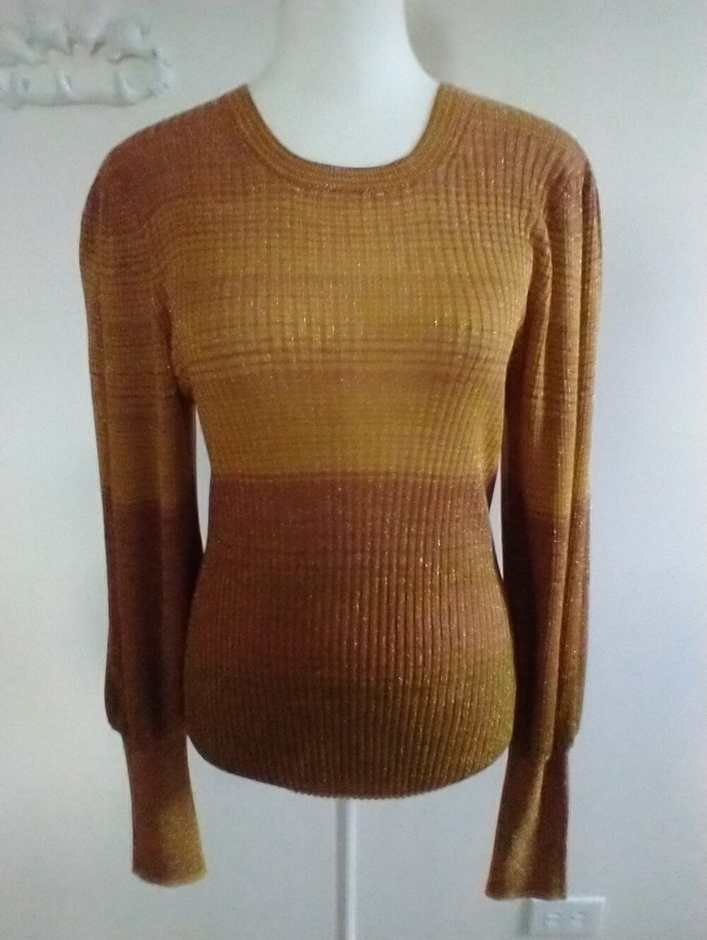 Ulla Johnson Striped Metallic Ribbed Knit Sweater - Mustard/Brown M